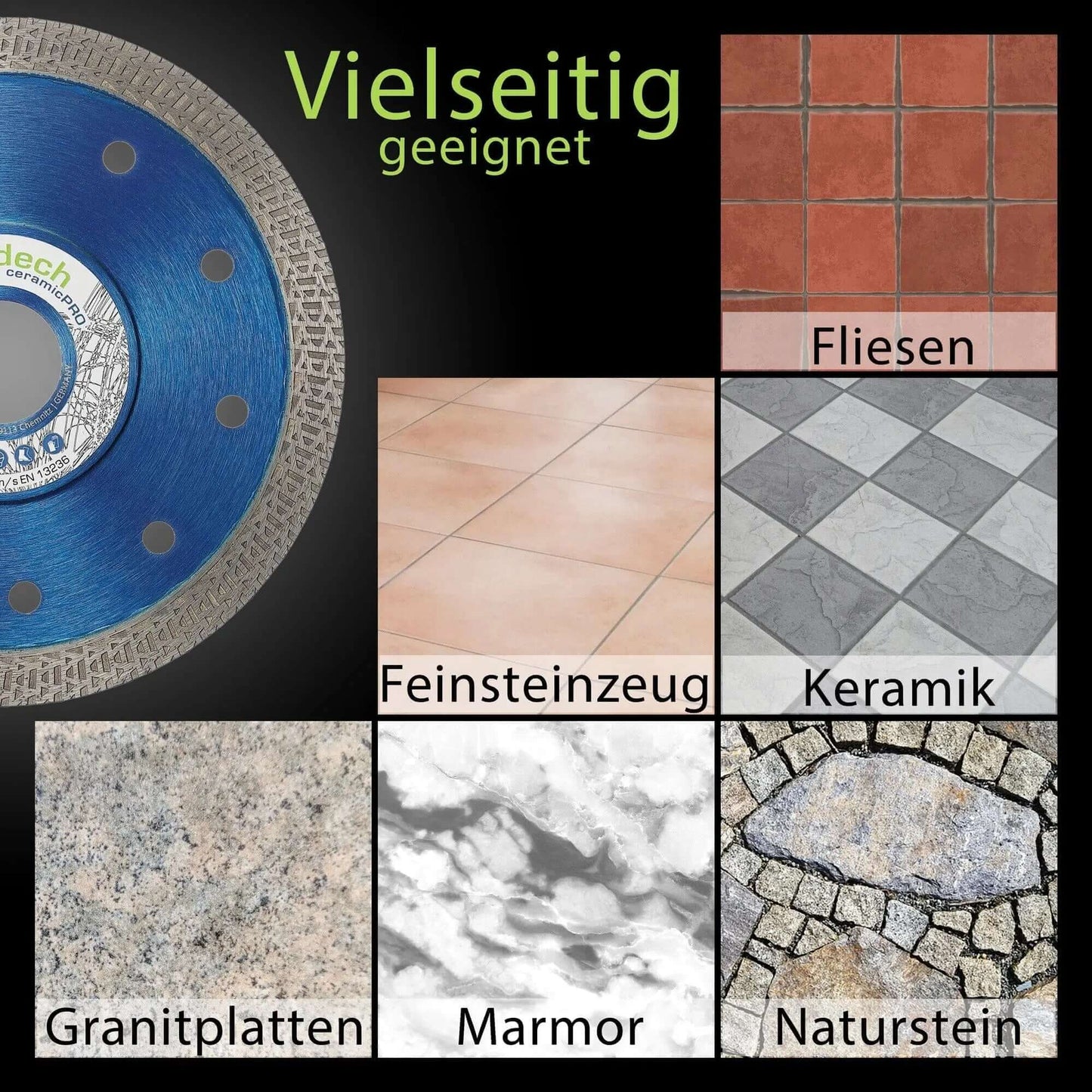 Profi Trennscheibe 115 mm für Feinsteinzeug, Granit, Keramik und andere Materialien in verschiedenen Anwendungen.