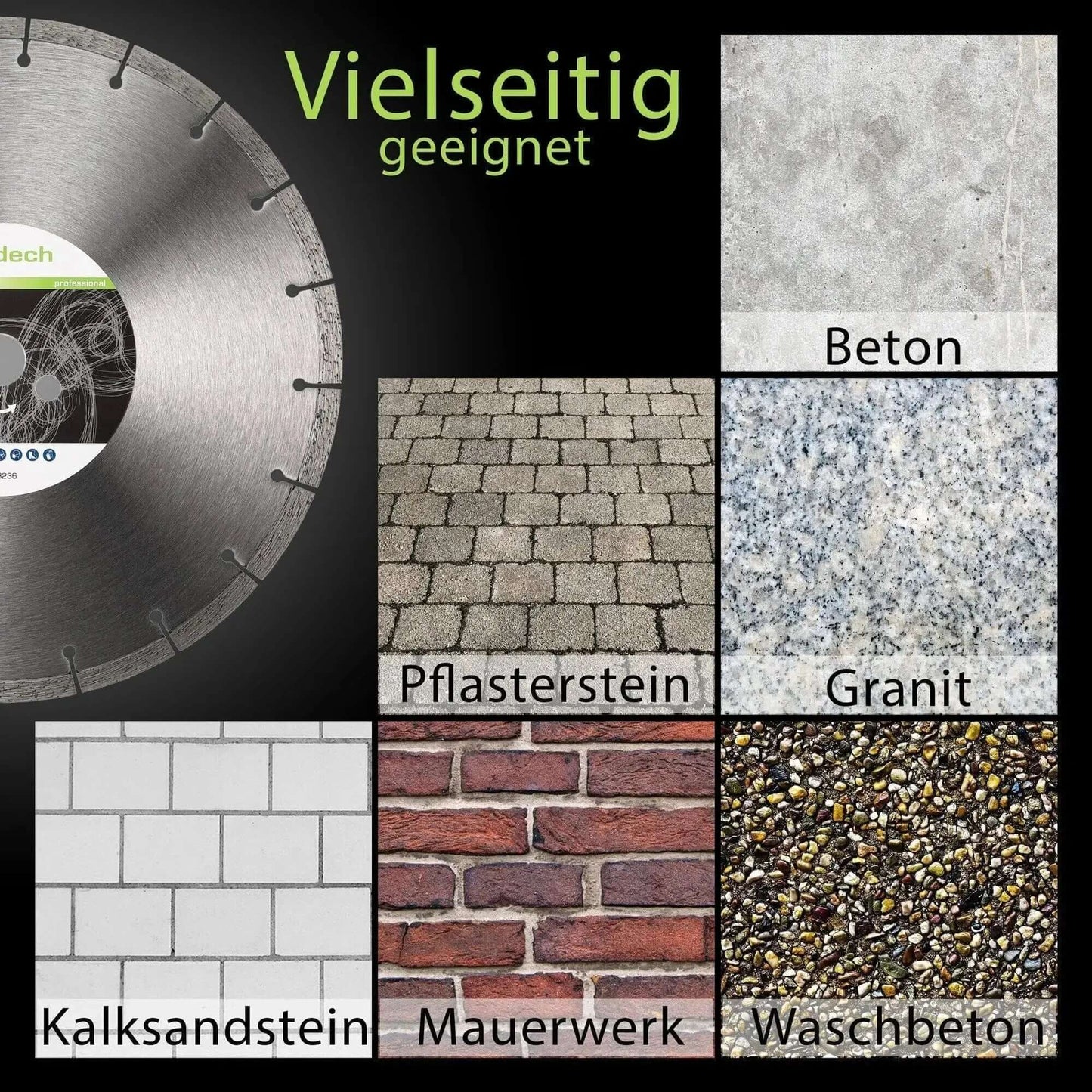 Diamantscheibe 350 mm, geeignet für Beton, Pflasterstein, Granit, Kalksandstein, Mauerwerk, Waschbeton, vielseitig einsetzbar.