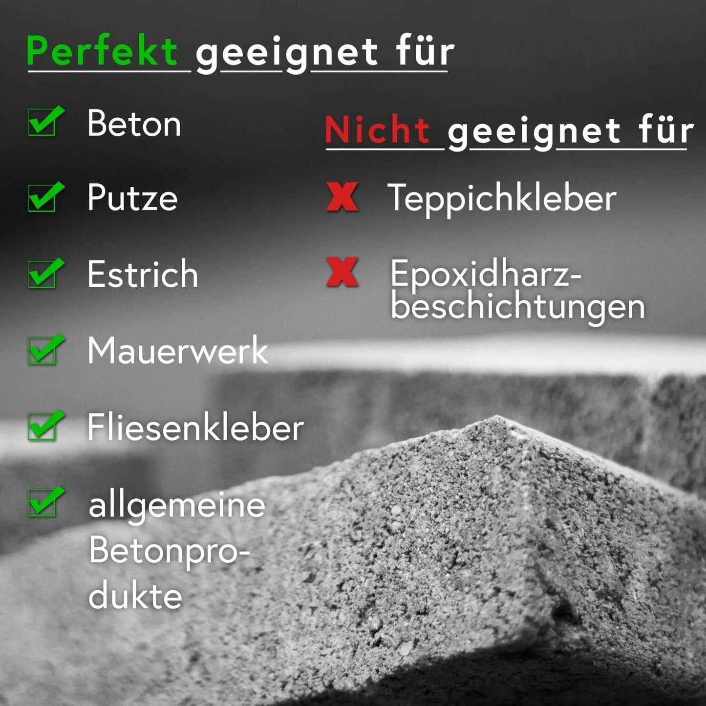 Tabelle zu Anwendungsmöglichkeiten des Diamantschleiftopfs: geeignet für Beton, Putze, Estrich und Fliesenkleber.