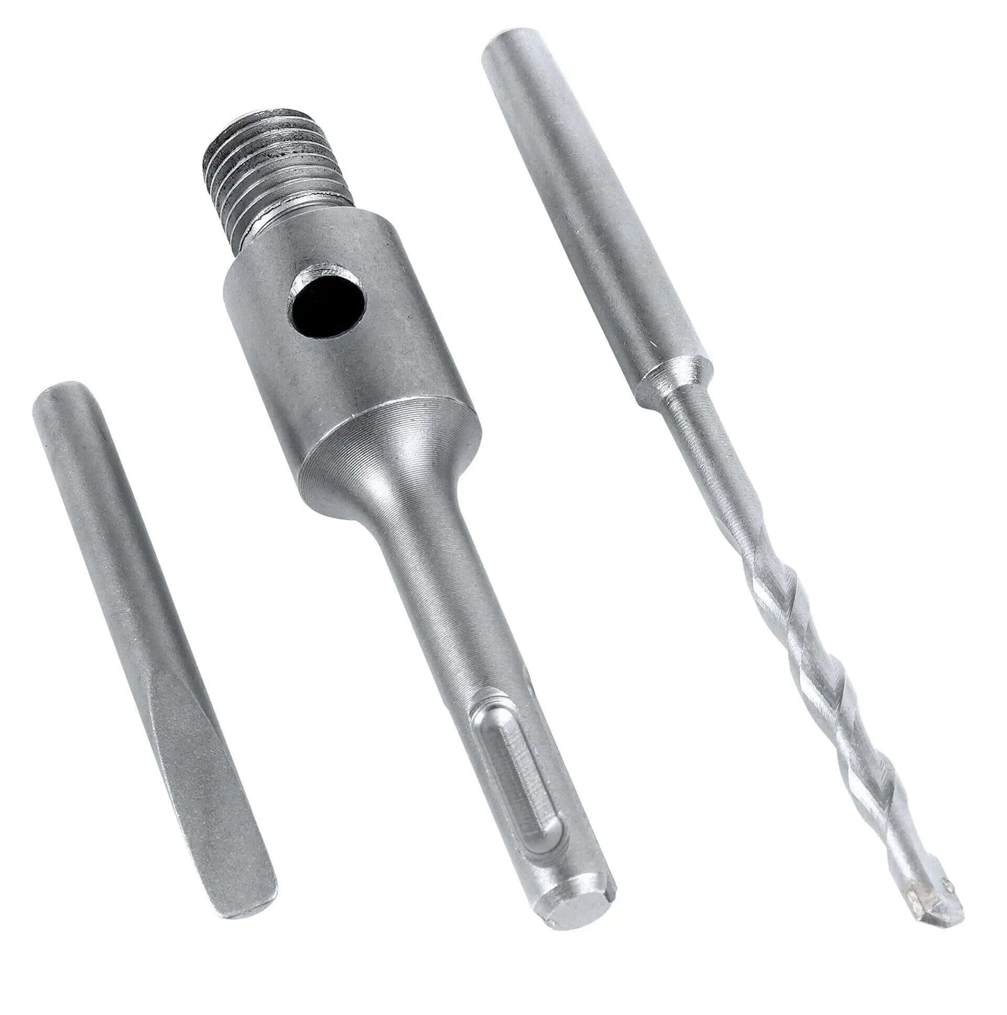 SDS-plus-Adapterset inklusive Bohrer, Zentrierbohrer und Zubehör für Wandbohranwendungen.