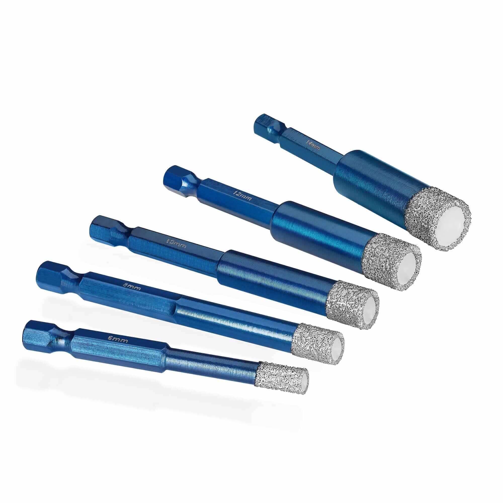 Set mit fünf blauen Diamantbohrern für Bohrmaschinen, speziell für effizientes Bohren entwickelt.