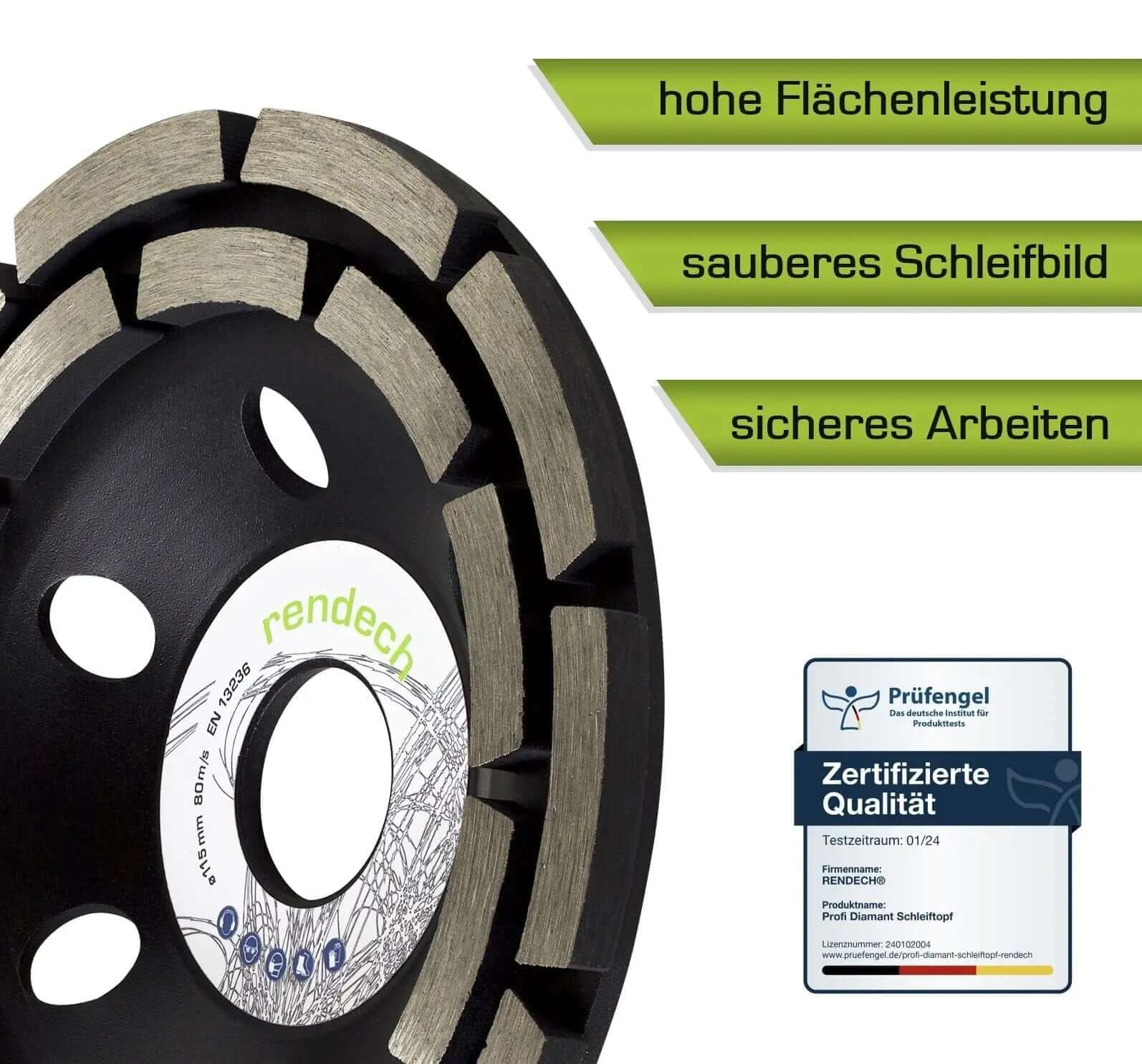 Schleiftopf 115 mm mit hoher Flächenleistung, sauberem Schleifbild und Zertifikat für sicheres Arbeiten.