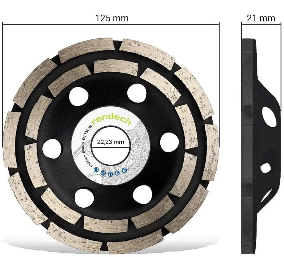 Diamant Schleifscheibe 125 mm für Beton, Estrich und Stein, Profi Qualität mit großen Absauglöchern.