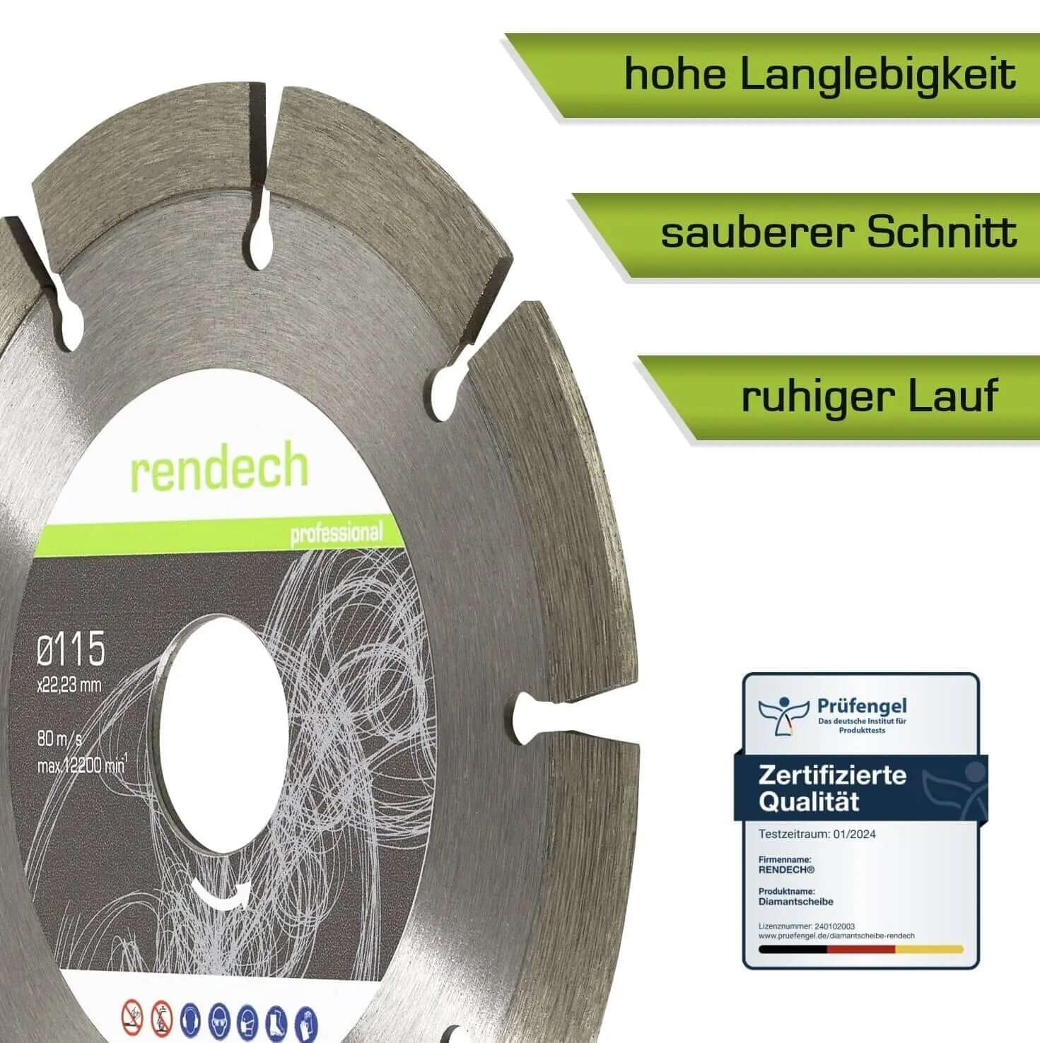 Diamant Trennscheibe 115 mm für sauberen Schnitt und hohe Langlebigkeit, geeignet für Beton und Stein.