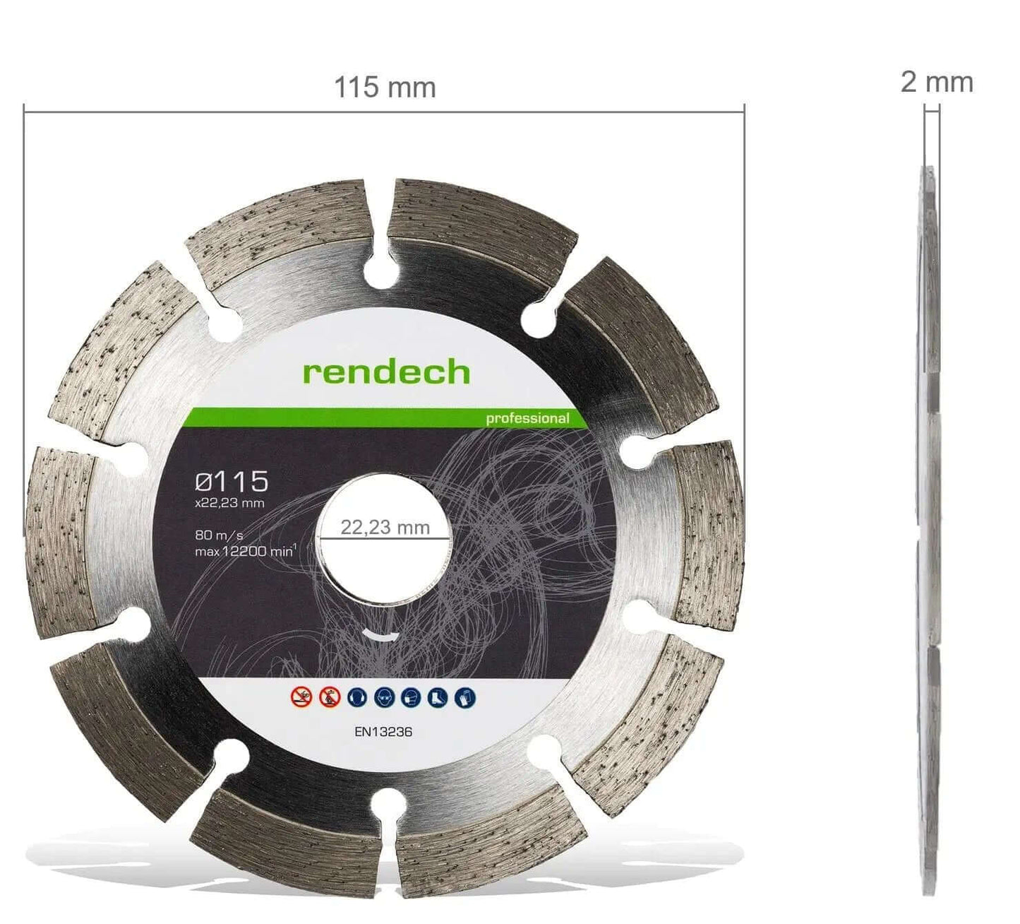 Diamant Trennscheibe 115 mm, professionell für Beton und Stein, hohe Lebensdauer, 2 mm Dicke, optimal abgestimmt.