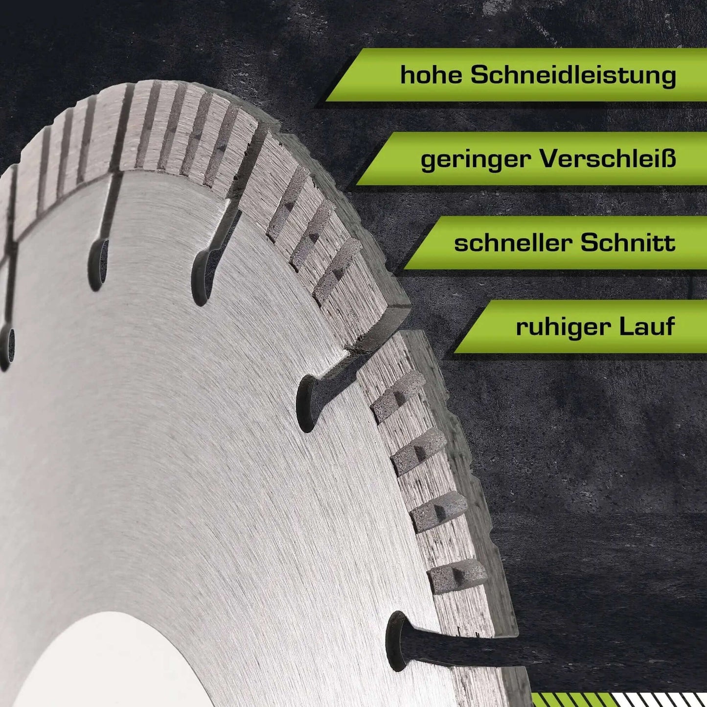 Detailansicht einer Beton Trennscheibe 230 mm mit Hochleistungsmerkmalen: schnelles Schneiden und geringer Verschleiß.