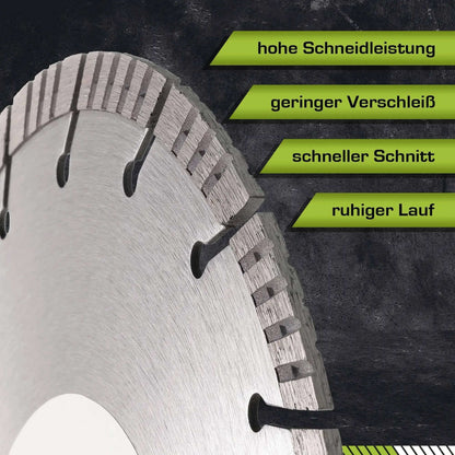 Detailansicht einer Beton Trennscheibe 230 mm mit Hochleistungsmerkmalen: schnelles Schneiden und geringer Verschleiß.