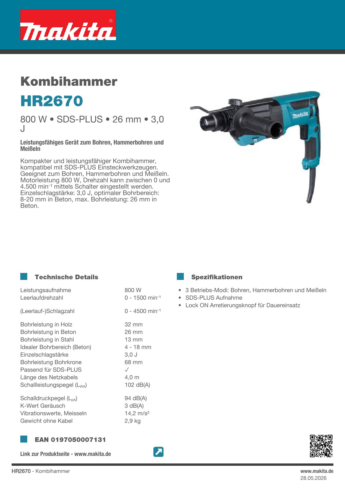 Makita Bohrhammer HR2670 - Set mit 4x NEMESIS2 Bohrer