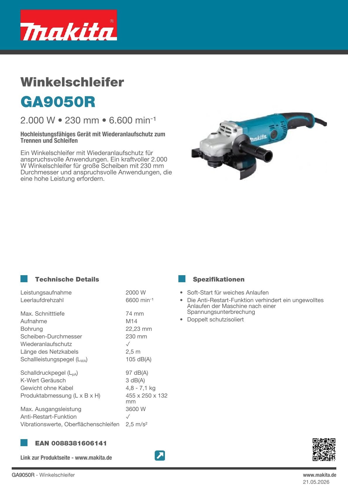 Makita Winkelschleifer 230 mm 2000 W + 2x Turbo Diamantscheiben