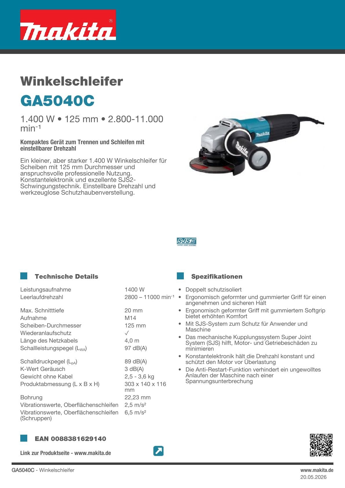 Makita Winkelschleifer 125 mm 1400 W - All-in-One Set