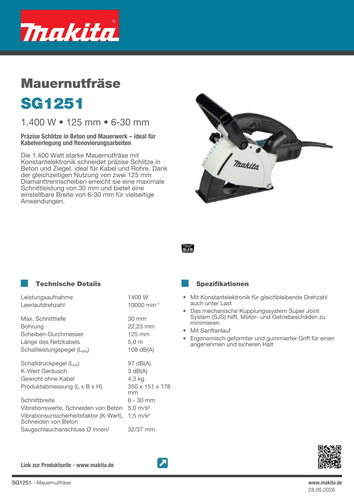 Makita Mauernutfräse SG1251J - Set mit 4x Diamantscheiben