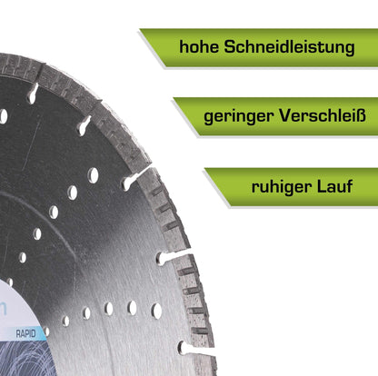 Diamant Trennscheibe 350 mm mit hoher Schneidleistung, geringem Verschleiß und ruhigem Lauf für Beton und Granit.