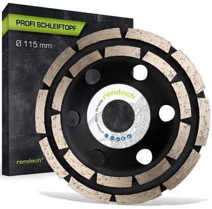 Diamantschleiftopf 115 mm für Beton und Fliesenkleber, Profi Qualität mit 2-reihigen Segmenten von Rendech.