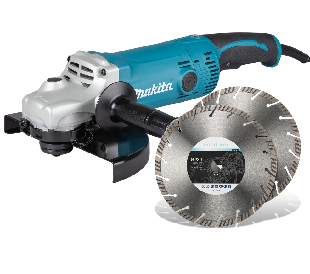 Makita Winkelschleifer 230 mm 2000 W + 2x Turbo Diamantscheiben