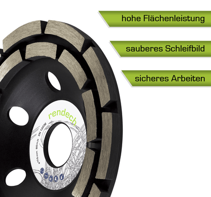 Schleiftopf 115 mm mit hoher Flächenleistung, sauberem Schleifbild und Zertifikat für sicheres Arbeiten.