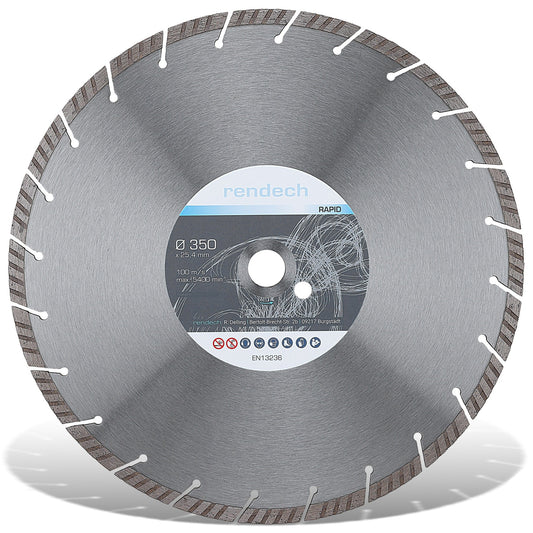 Diamant Trennscheibe 350 mm für Beton und Granit, Profi Qualität mit Turbo-Segmenten, ruhiger Lauf.