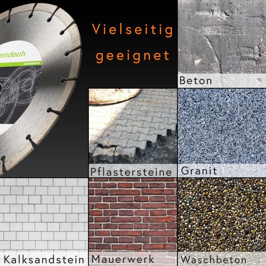 Profi Diamantscheibe 230 mm für Beton, Stein, Granit uvm. - vielseitige Anwendung in verschiedenen Materialien.