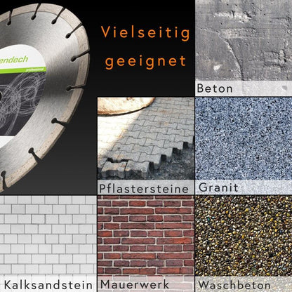 Profi Diamantscheibe 230 mm für Beton, Stein, Granit uvm. - vielseitige Anwendung in verschiedenen Materialien.