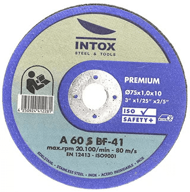 INTOX Trennscheibe 75 mm für Metall, Edelstahl uvm. mit hoher Trennleistung und Sicherheitssymbol.