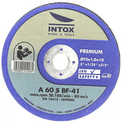 INTOX Trennscheibe 75 mm für Metall, Edelstahl uvm. mit hoher Trennleistung und Sicherheitssymbol.