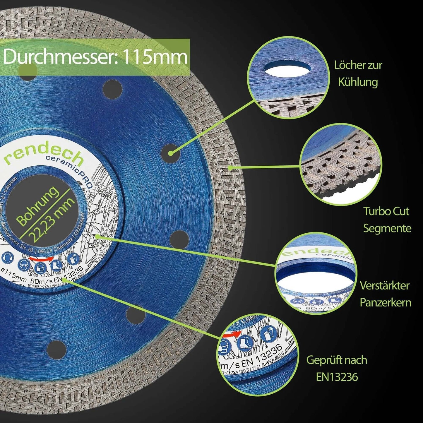 Profi Diamantscheibe 115 mm mit Turbo Cut Segmenten und verstärktem Panzerkern für saubere Schnitte in Fliesen.