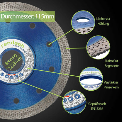 Profi Diamantscheibe 115 mm mit Turbo Cut Segmenten und verstärktem Panzerkern für saubere Schnitte in Fliesen.