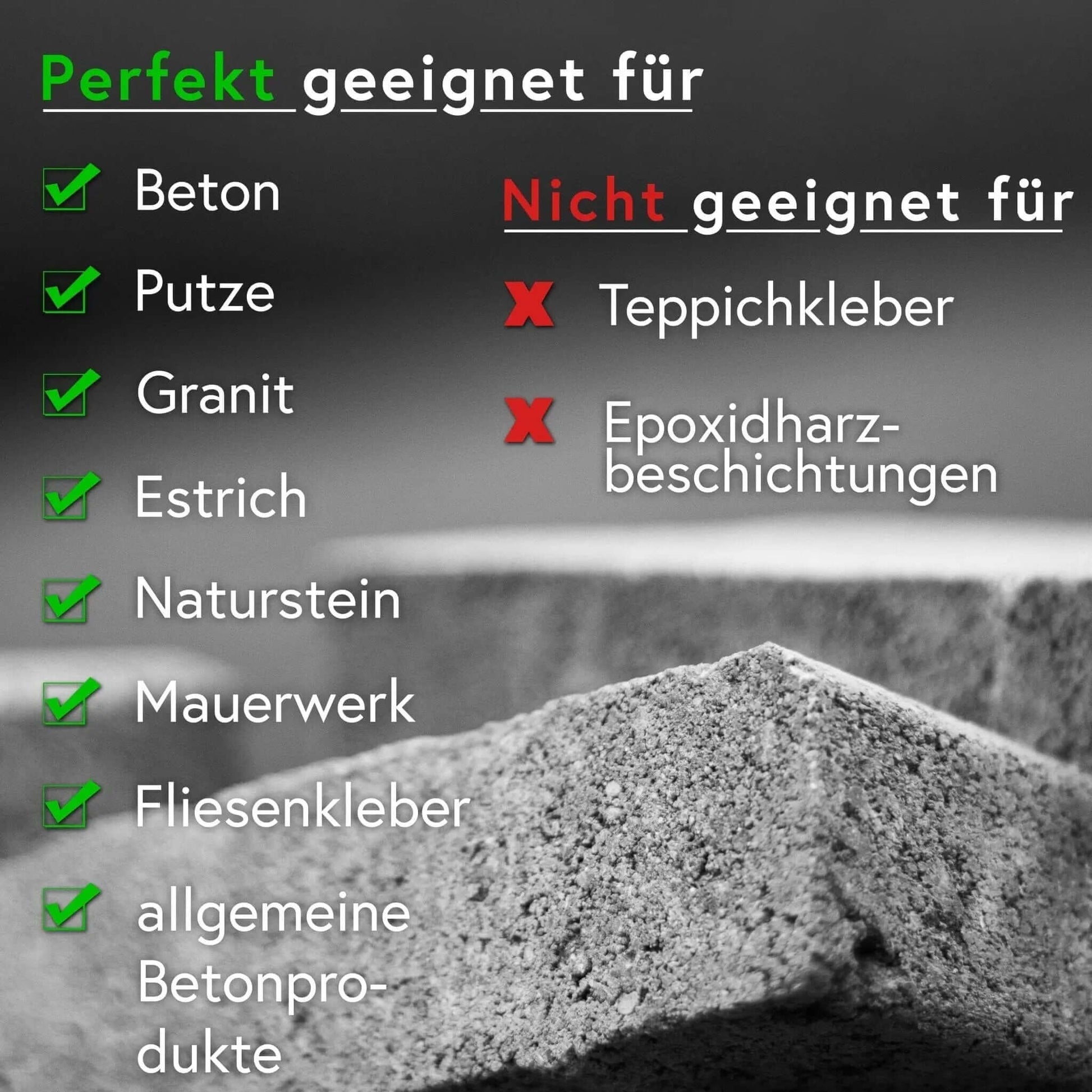 List showing suitable and unsuitable applications for Profi Diamant Topfscheibe 180 mm, highlighting concrete and natural stone use.