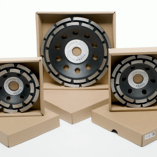 Diamantschleiftopf 180 mm in verschiedenen Größen, verpackt in Kartons, ideal für Beton und Estrich.