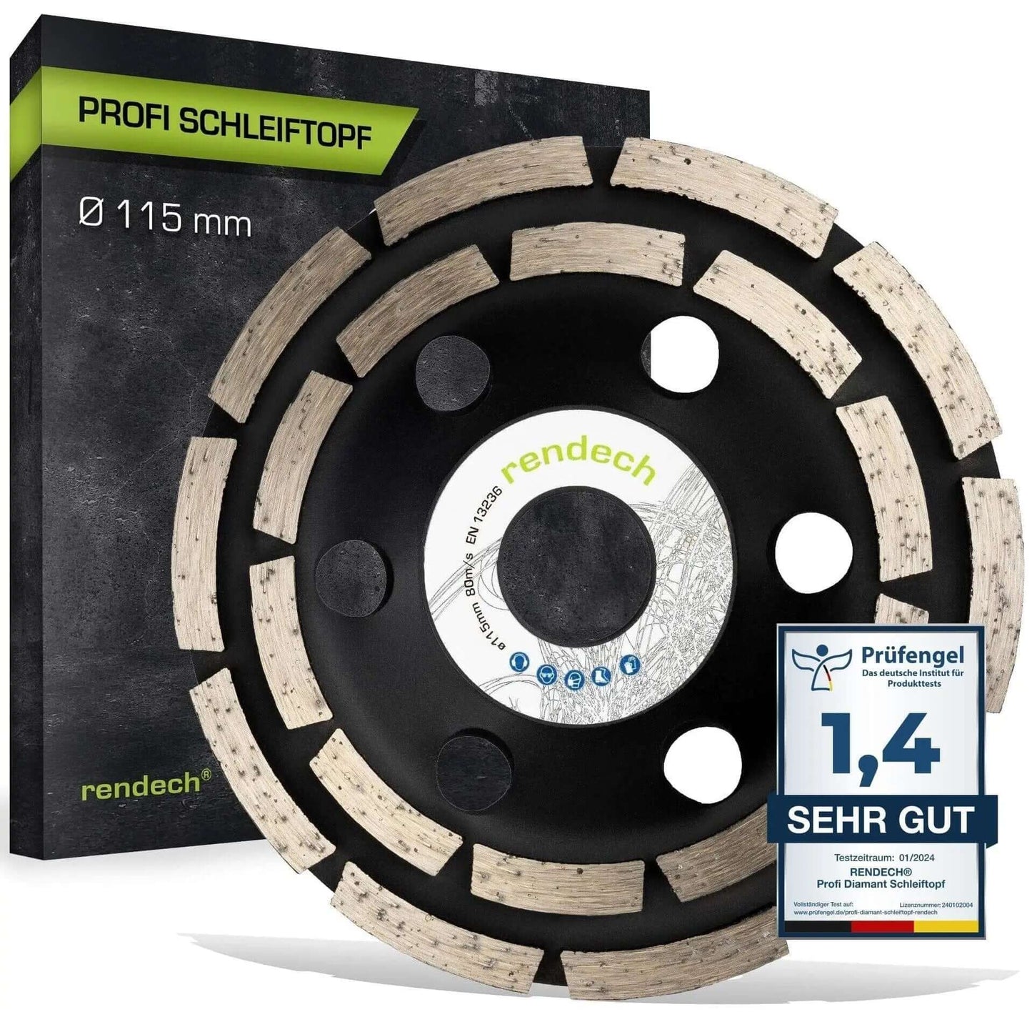 Diamantschleiftopf 115 mm für Beton und Fliesenkleber, Profi Qualität mit 2-reihigen Segmenten von Rendech.