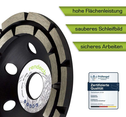 Diamantschleiftopf 115 mm mit hohem Leistungsniveau und sauberen Schleifbild, ideal für Beton und Fliesenkleber.