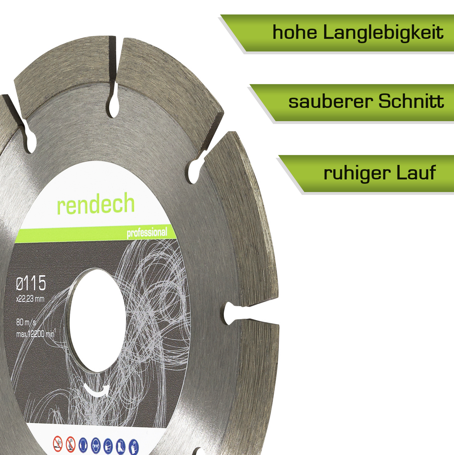 Diamant Trennscheibe 115 mm für sauberen Schnitt und hohe Langlebigkeit, geeignet für Beton und Stein.