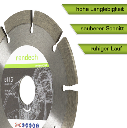 Diamant Trennscheibe 115 mm für sauberen Schnitt und hohe Langlebigkeit, geeignet für Beton und Stein.