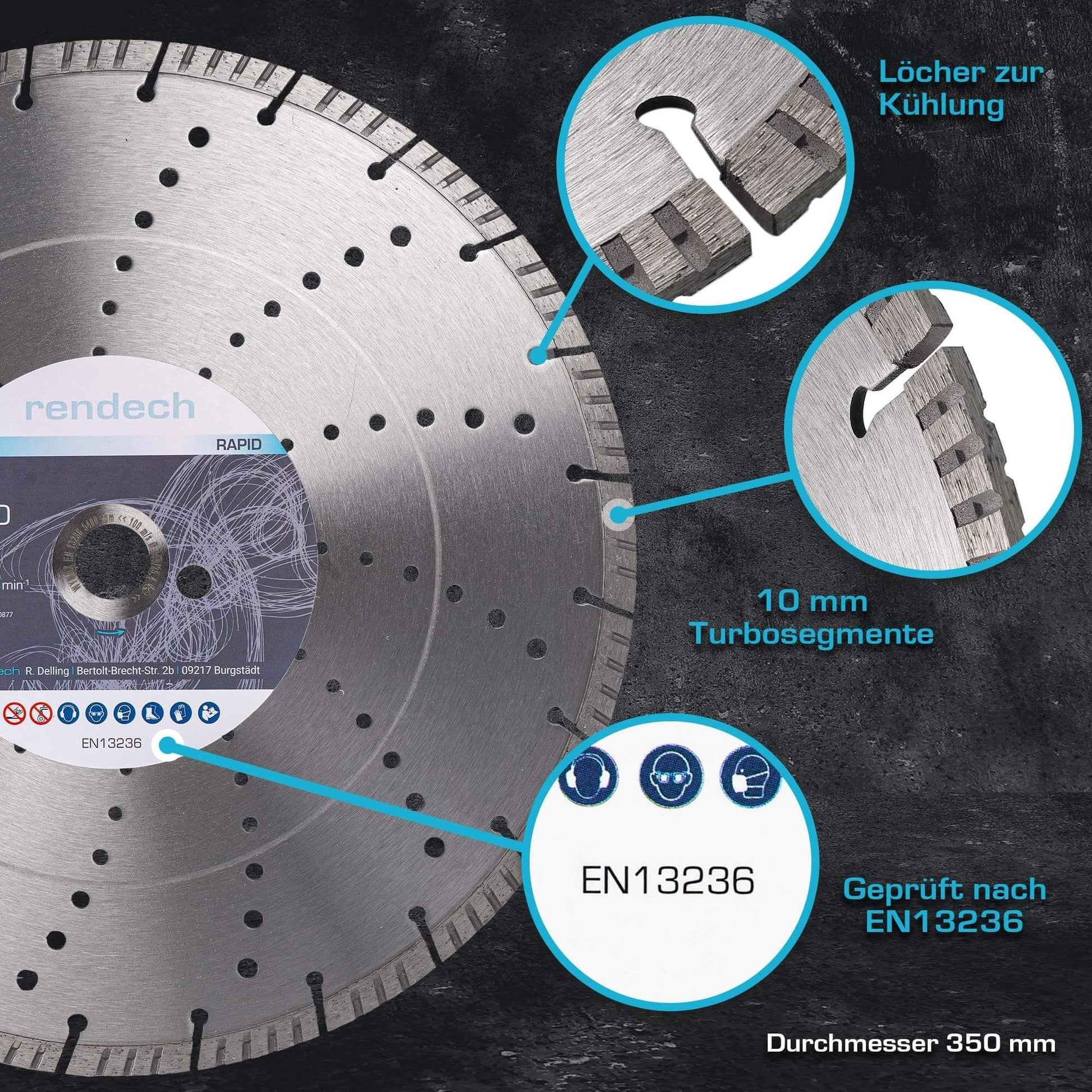 Diamant Trennscheibe 350 mm mit 10 mm Turbo-Segmenten für Beton und Granit, geprüft nach EN13236.