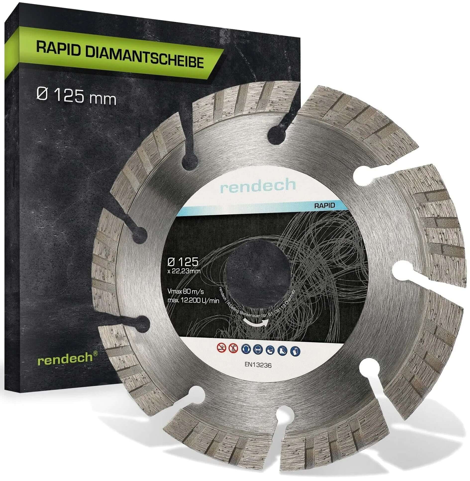 Turbo Diamant Flexscheibe 125 mm für Granit und Beton mit Packung im Hintergrund