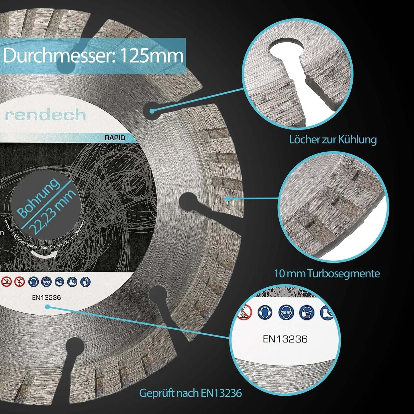 Turbo Diamant Flexscheibe 125 mm mit Kühlungslöchern und 10 mm Turbosegmenten, geprüft nach EN13236.