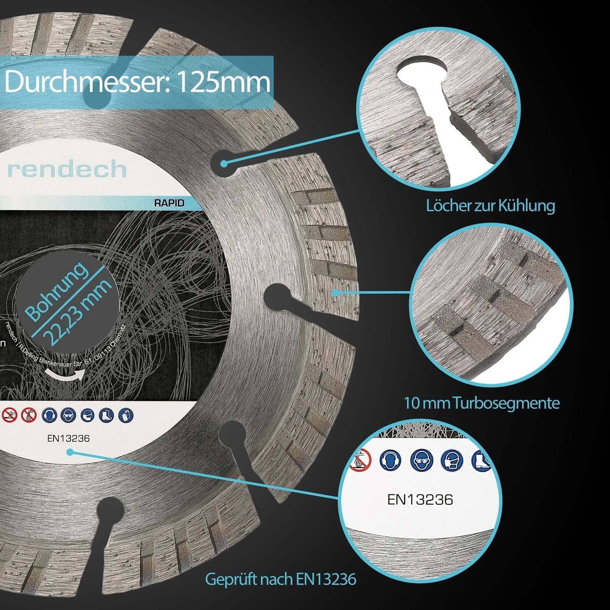 Turbo Diamant Flexscheibe 125 mm mit Kühlungslöchern und 10 mm Turbosegmenten, geprüft nach EN13236.