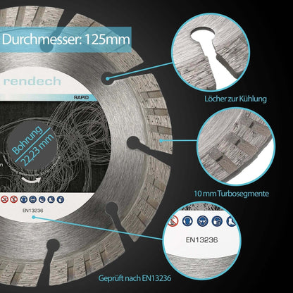 Turbo Diamant Flexscheibe 125 mm mit Kühlungslöchern und 10 mm Turbosegmenten, geprüft nach EN13236.