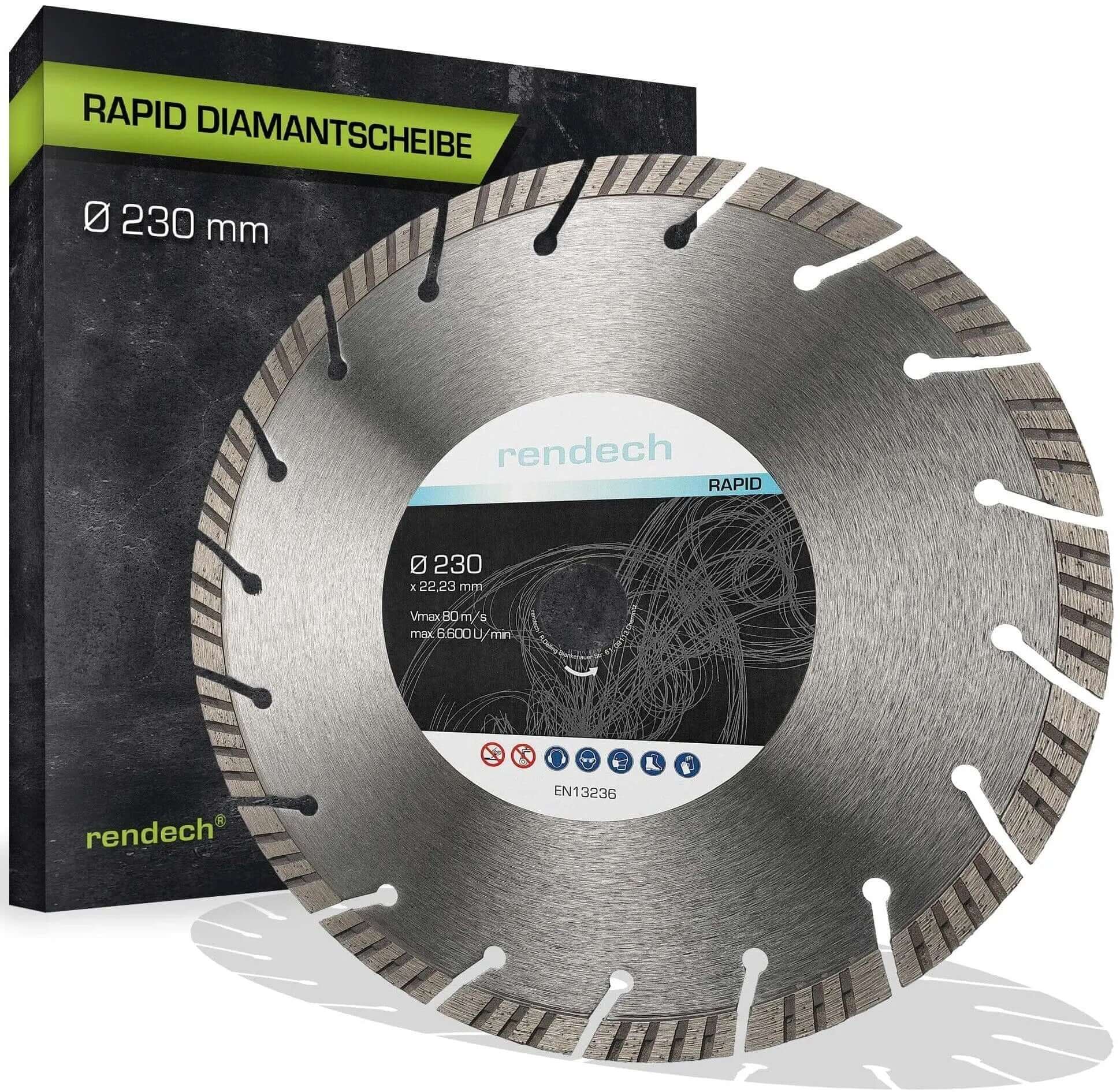 Turbo Trennscheibe 230 mm für Beton, Granit und Stein, professionelles Werkzeug, EN13236 zertifiziert.