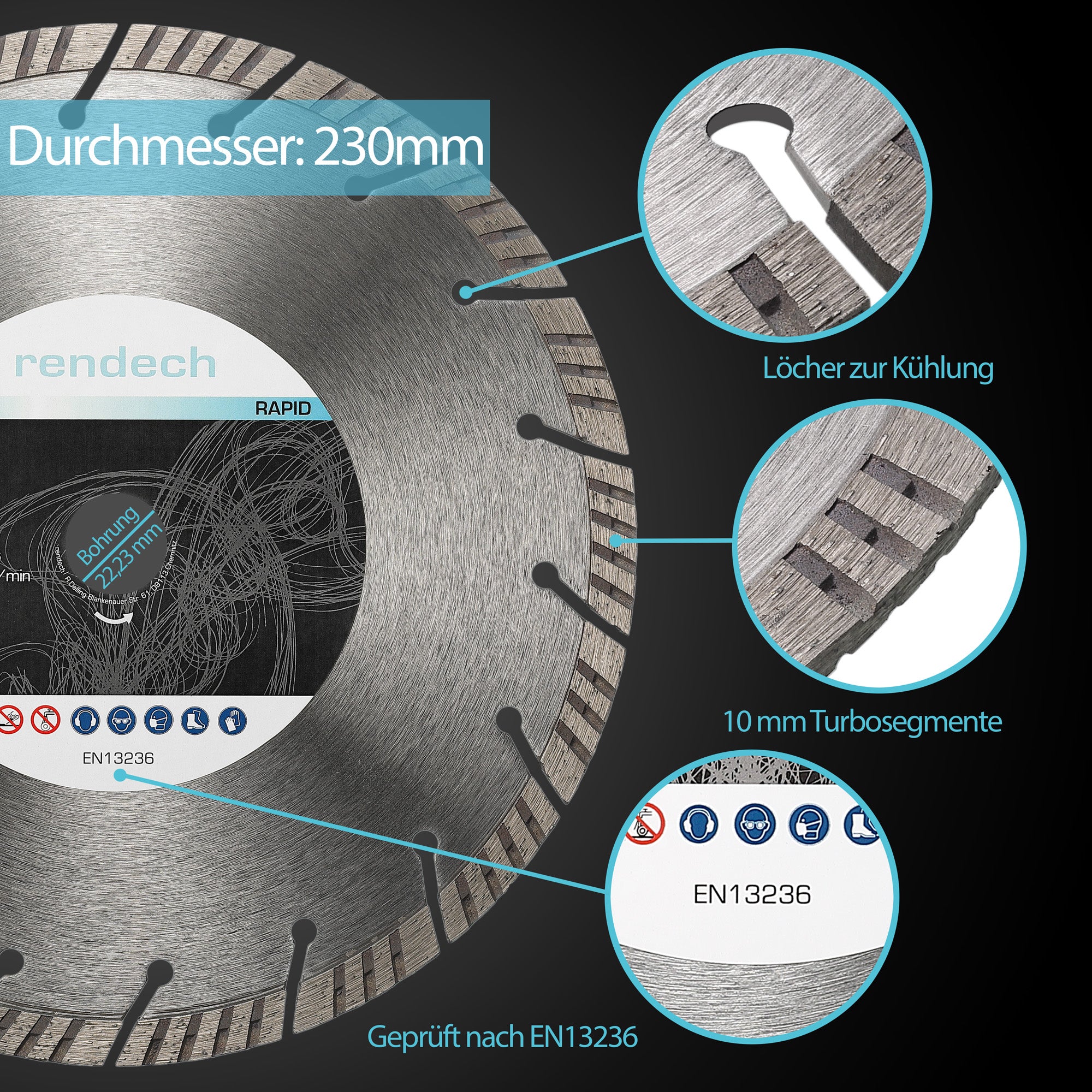 Turbo Diamanttrennscheibe 230 mm für Granit, Stahlbeton | rendech®